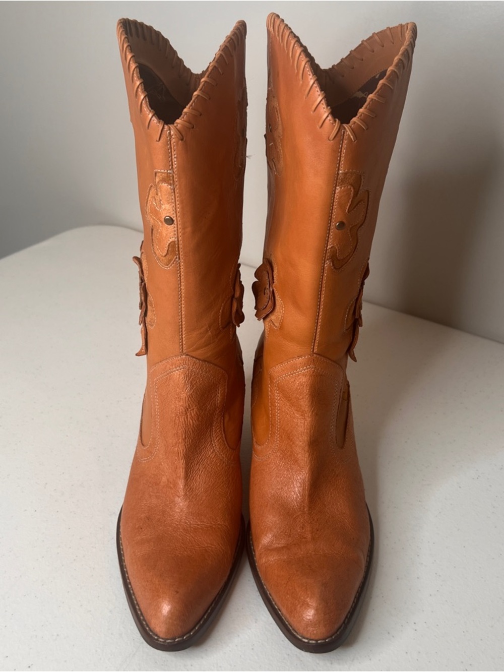 Mia Candida Cowgirl Leather Boots Brown Daisy Embellished Boho Womens Size 10 - Picture 2 of 16